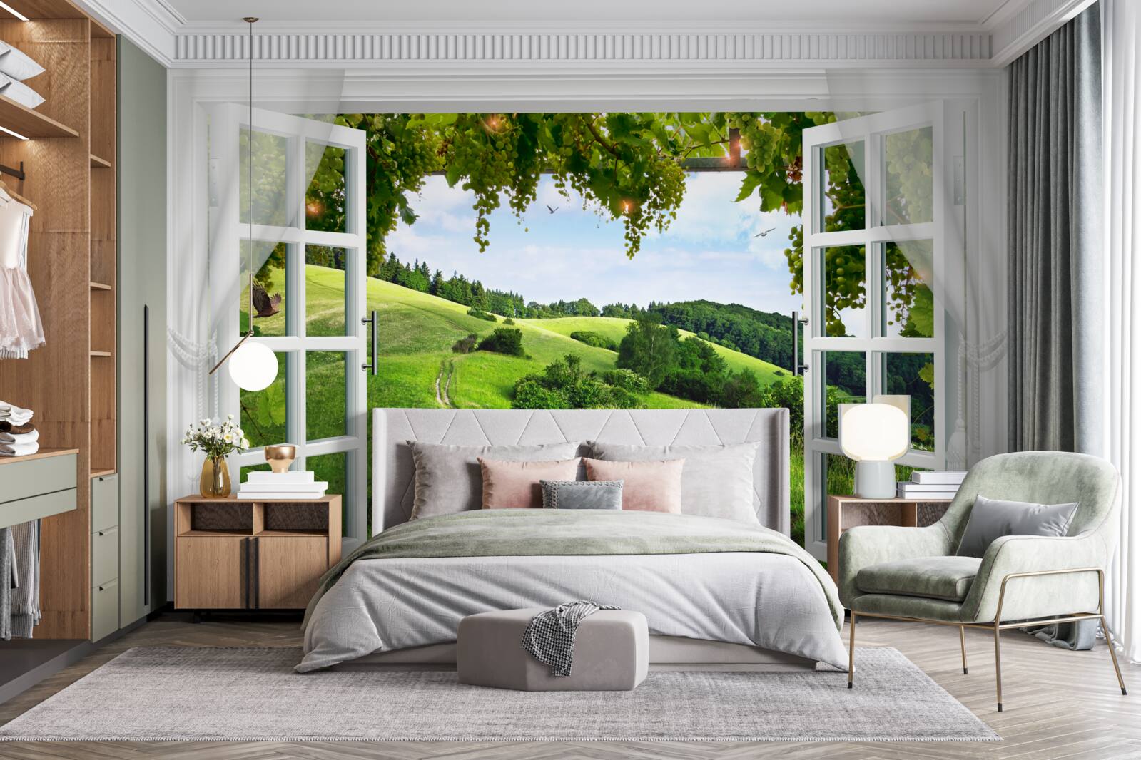 Fototapeta okno s výhľadom na panorámu zelených lúk