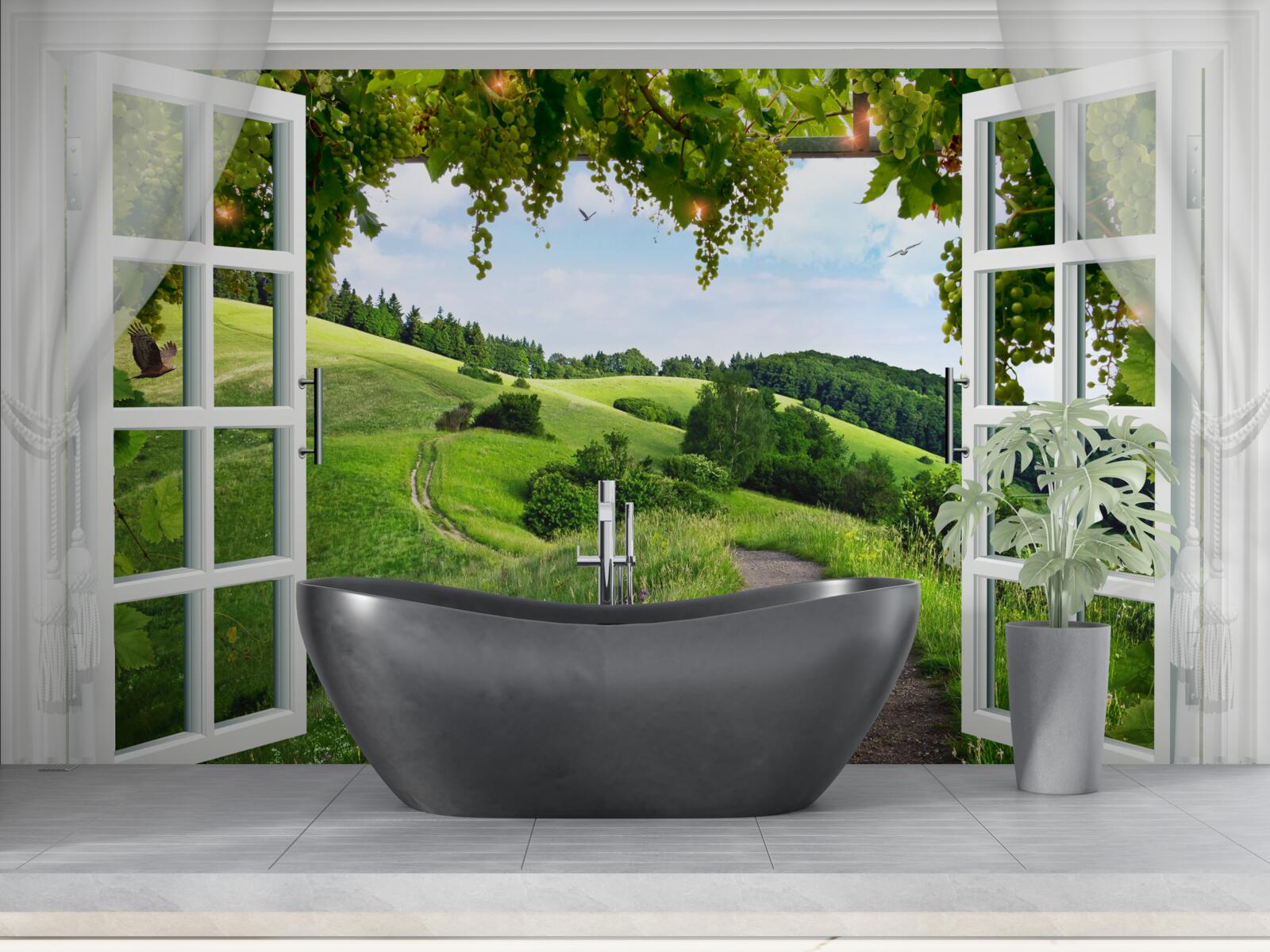 Fototapeta okno s výhľadom na panorámu zelených lúk