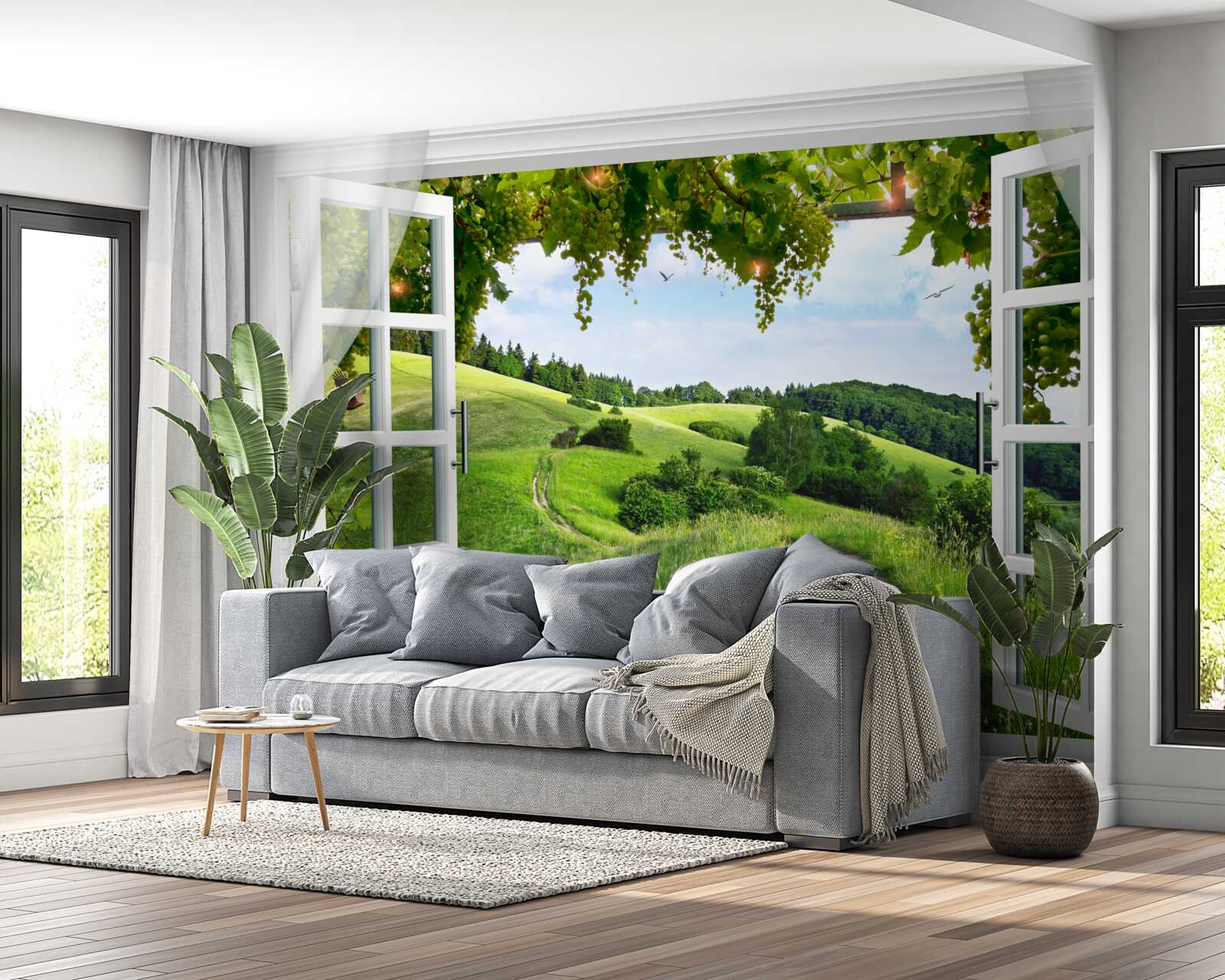 Fototapeta okno s výhľadom na panorámu zelených lúk