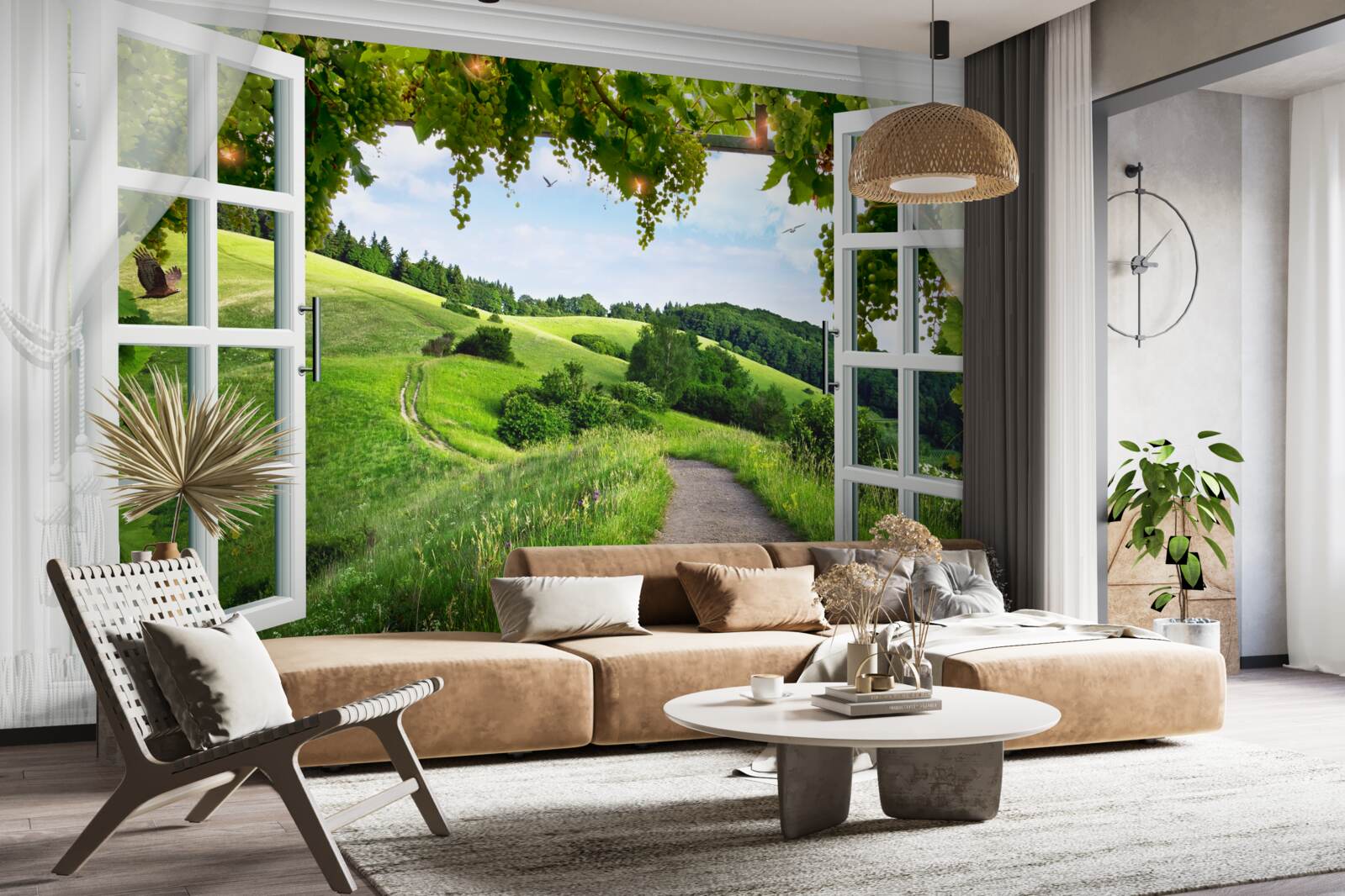 Fototapeta okno s výhľadom na panorámu zelených lúk