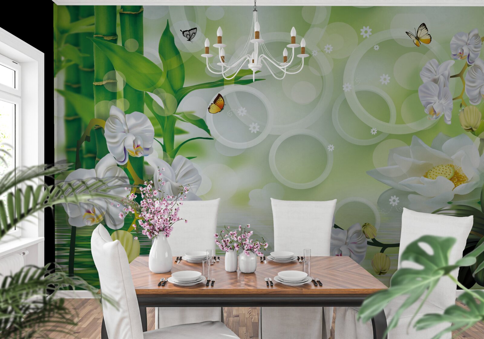 Fototapeta voda, ktorá sa harmonicky spája s bielymi orchideami a bambusom