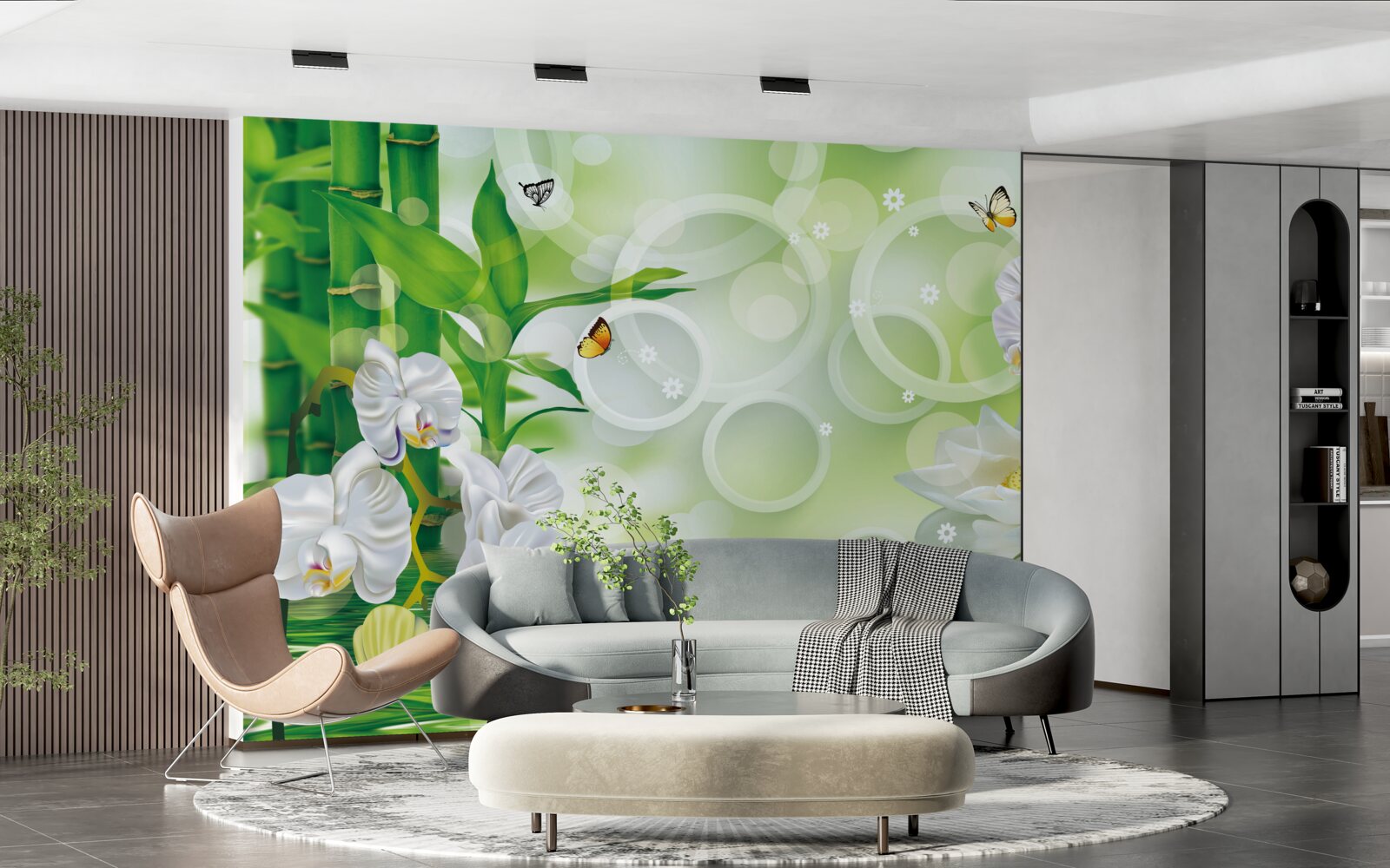 Fototapeta voda, ktorá sa harmonicky spája s bielymi orchideami a bambusom