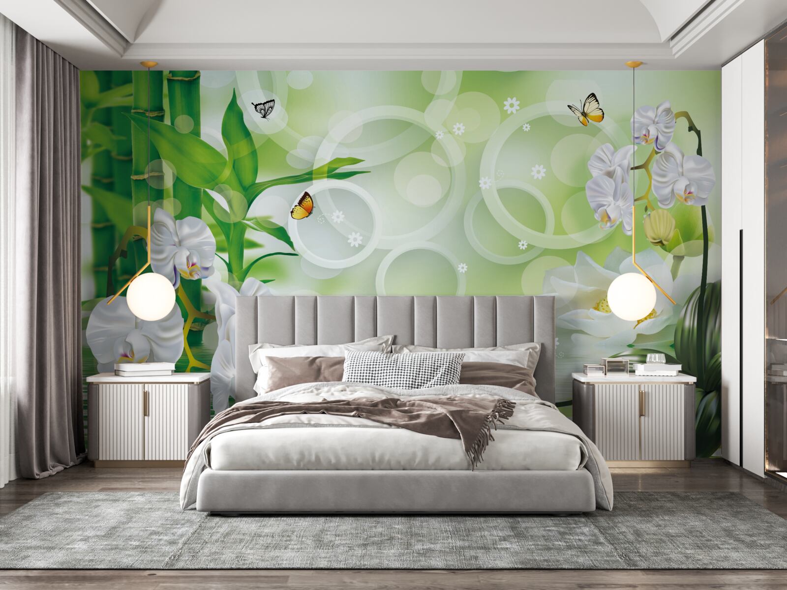 Fototapeta voda, ktorá sa harmonicky spája s bielymi orchideami a bambusom