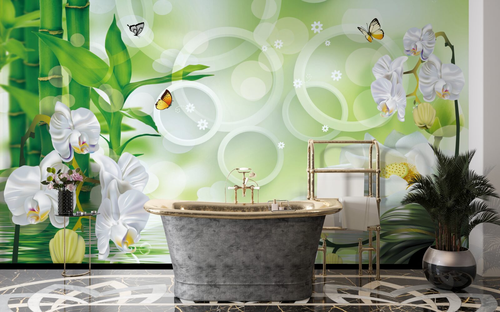 Fototapeta voda, ktorá sa harmonicky spája s bielymi orchideami a bambusom