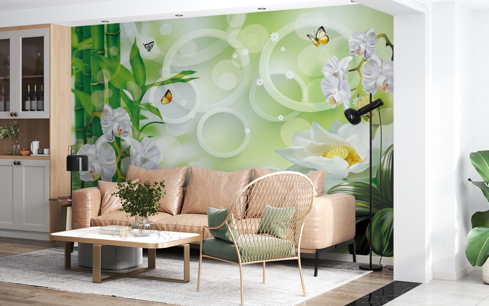 Fototapeta zelený bambus a kvety sa odrážajú vo vode, obklopené bielymi kruhmi