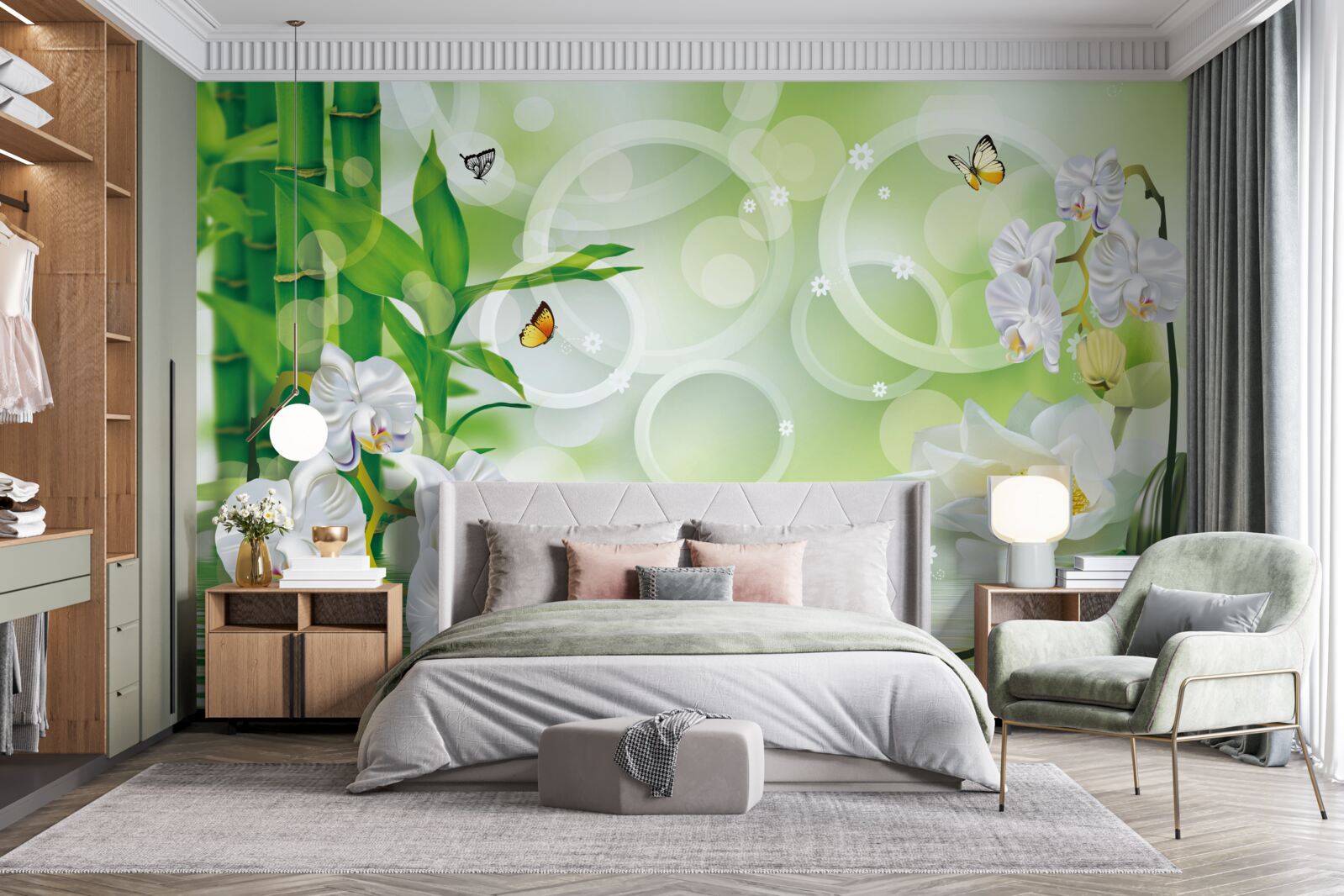 Fototapeta zelený bambus a kvety sa odrážajú vo vode, obklopené bielymi kruhmi