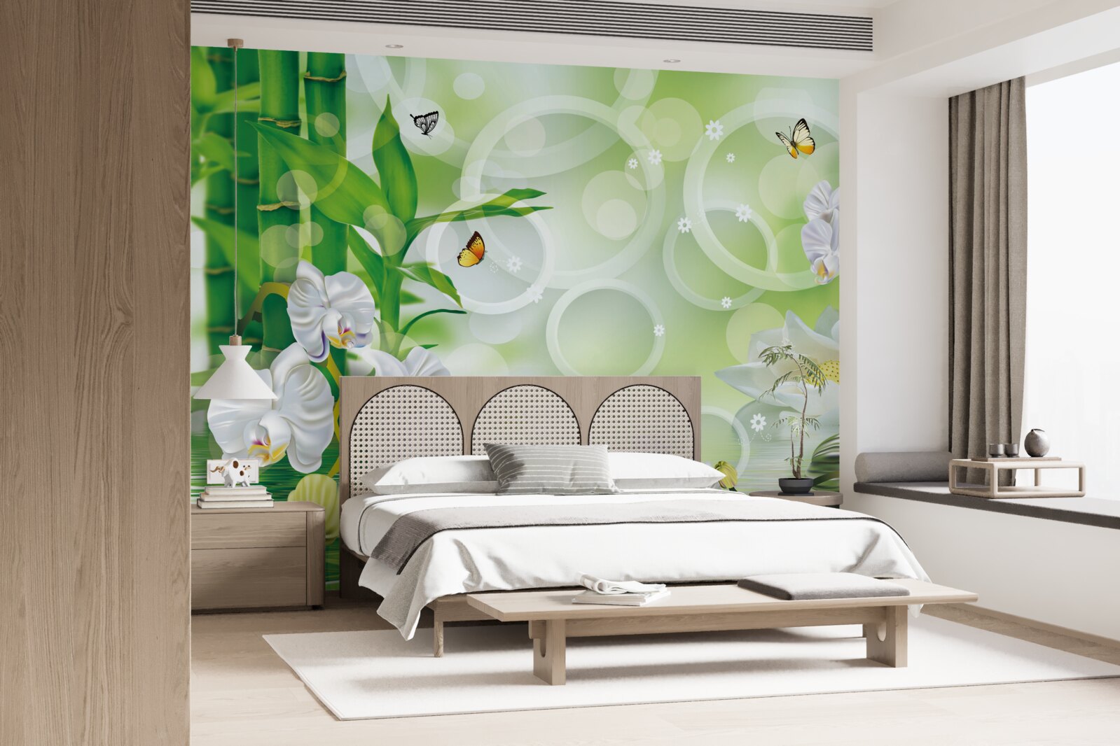 Fototapeta zelený bambus a kvety sa odrážajú vo vode, obklopené bielymi kruhmi