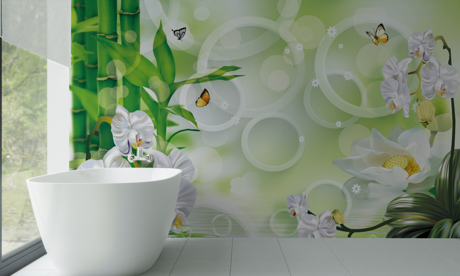 Fototapeta zelený bambus a kvety sa odrážajú vo vode, obklopené bielymi kruhmi