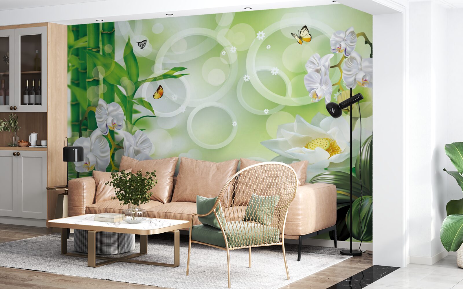 Fototapeta zelený bambus a kvety sa odrážajú vo vode, obklopené bielymi kruhmi