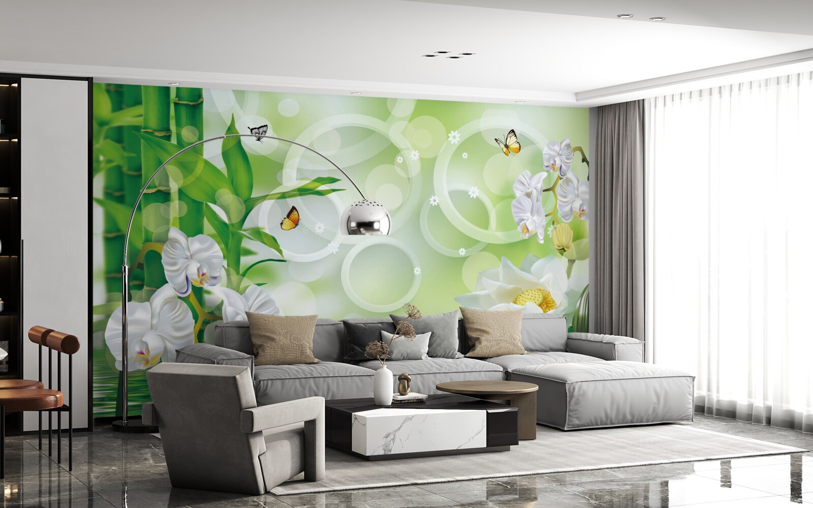 Fototapeta zelený bambus a kvety sa odrážajú vo vode, obklopené bielymi kruhmi