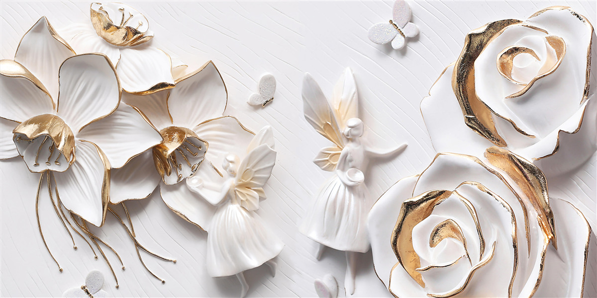 Fototapeta motýle a zlato na pozadí bielych kvetov