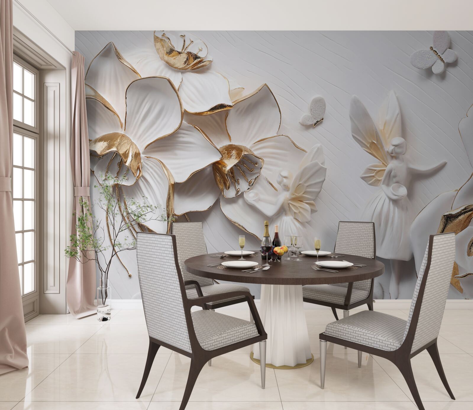 Fototapeta motýle a zlato na pozadí bielych kvetov