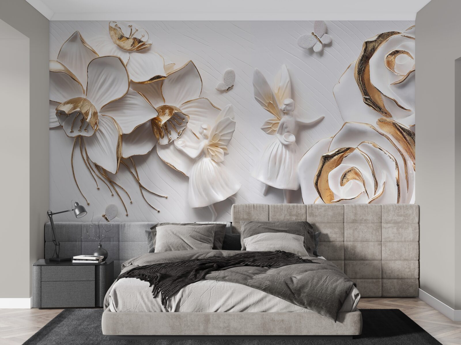 Fototapeta motýle a zlato na pozadí bielych kvetov