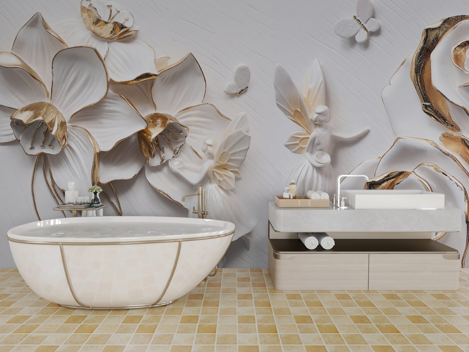 Fototapeta motýle a zlato na pozadí bielych kvetov