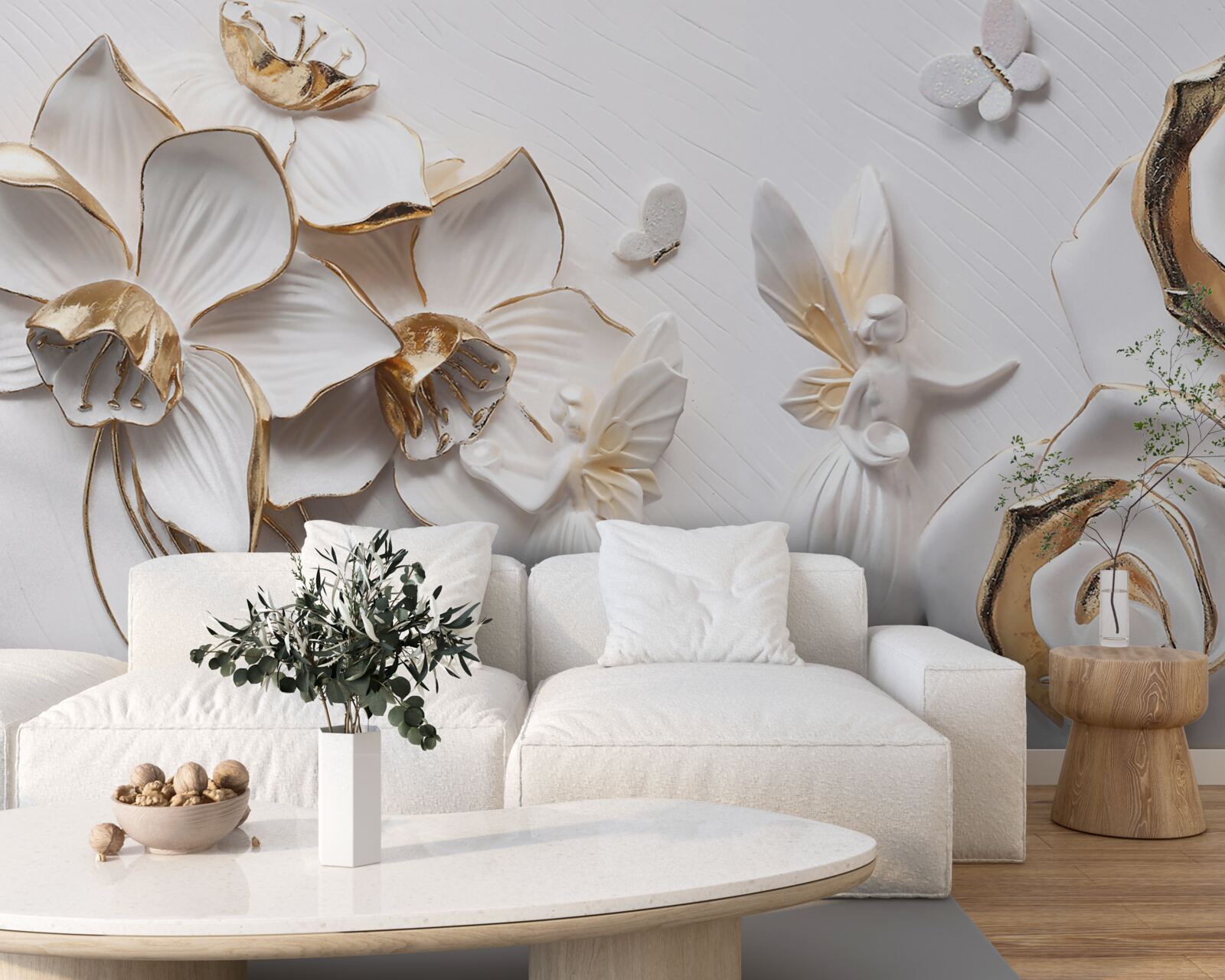 Fototapeta motýle a zlato na pozadí bielych kvetov