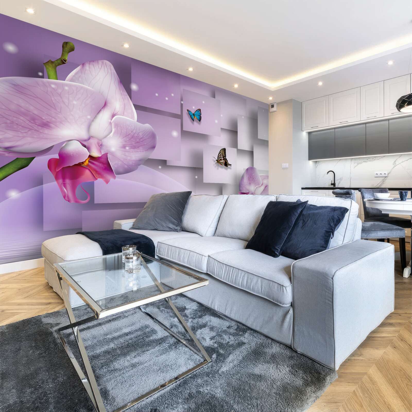 Fototapeta orgovánová orchidea a motýle usporiadané na pozadí s geometrickým vzorom