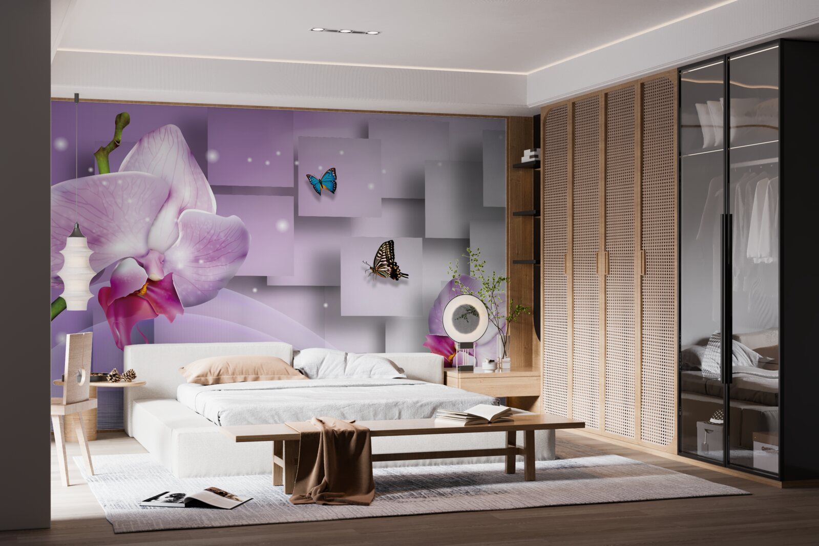 Fototapeta orgovánová orchidea a motýle usporiadané na pozadí s geometrickým vzorom