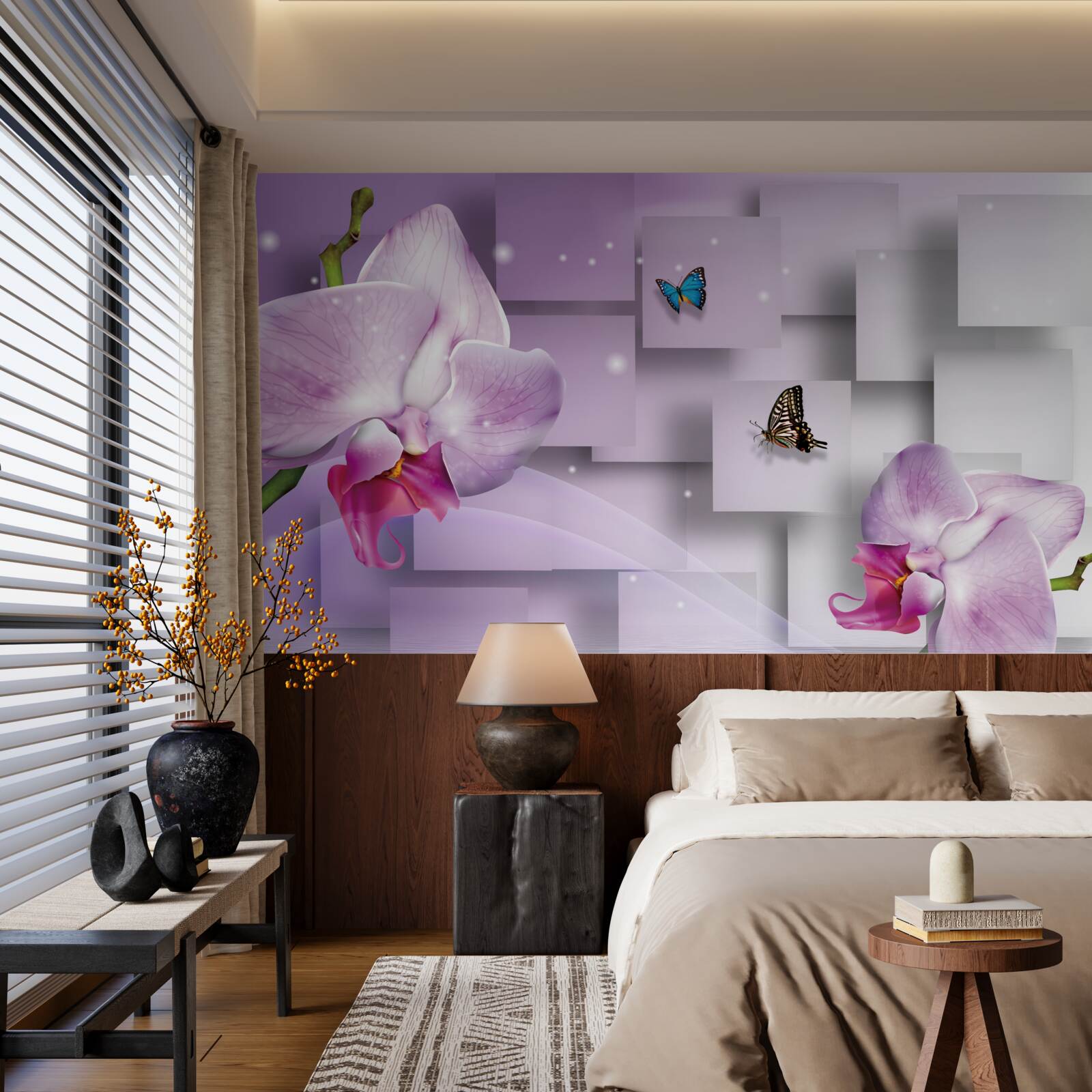 Fototapeta orgovánová orchidea a motýle usporiadané na pozadí s geometrickým vzorom