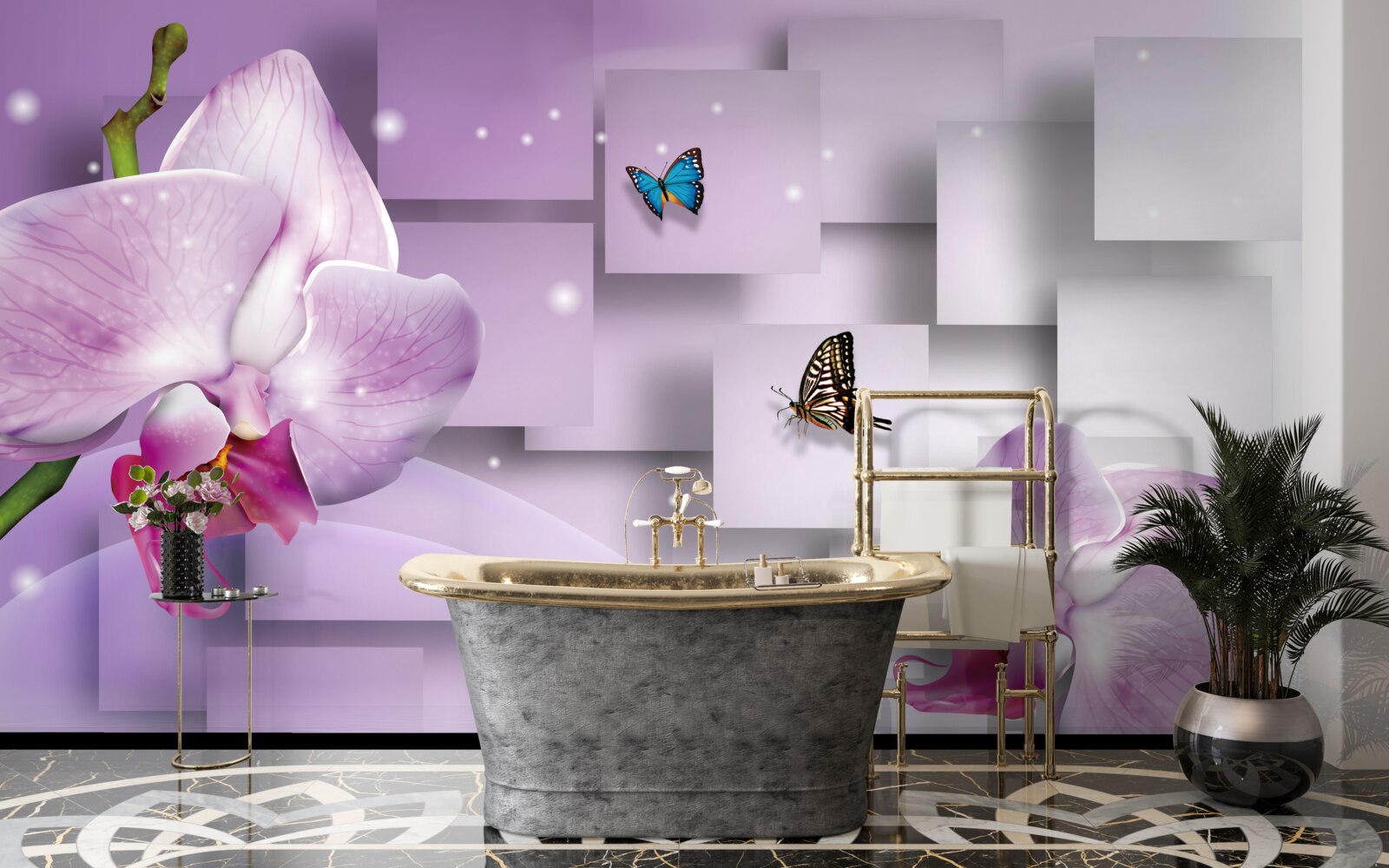 Fototapeta orgovánová orchidea a motýle usporiadané na pozadí s geometrickým vzorom