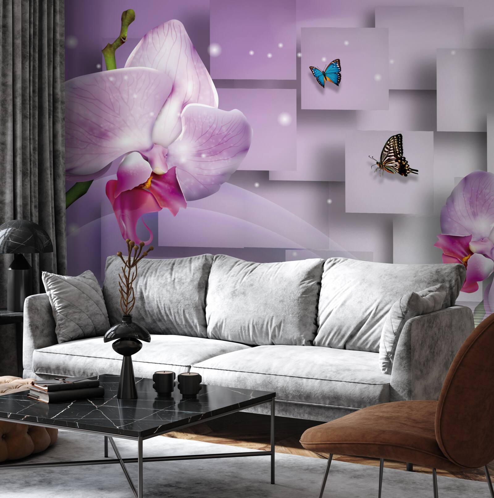 Fototapeta orgovánová orchidea a motýle usporiadané na pozadí s geometrickým vzorom