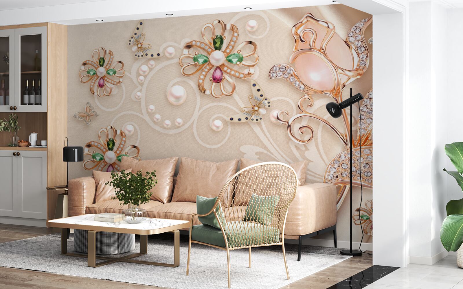 Fototapeta drahé kamene v podobe kvetov a listov