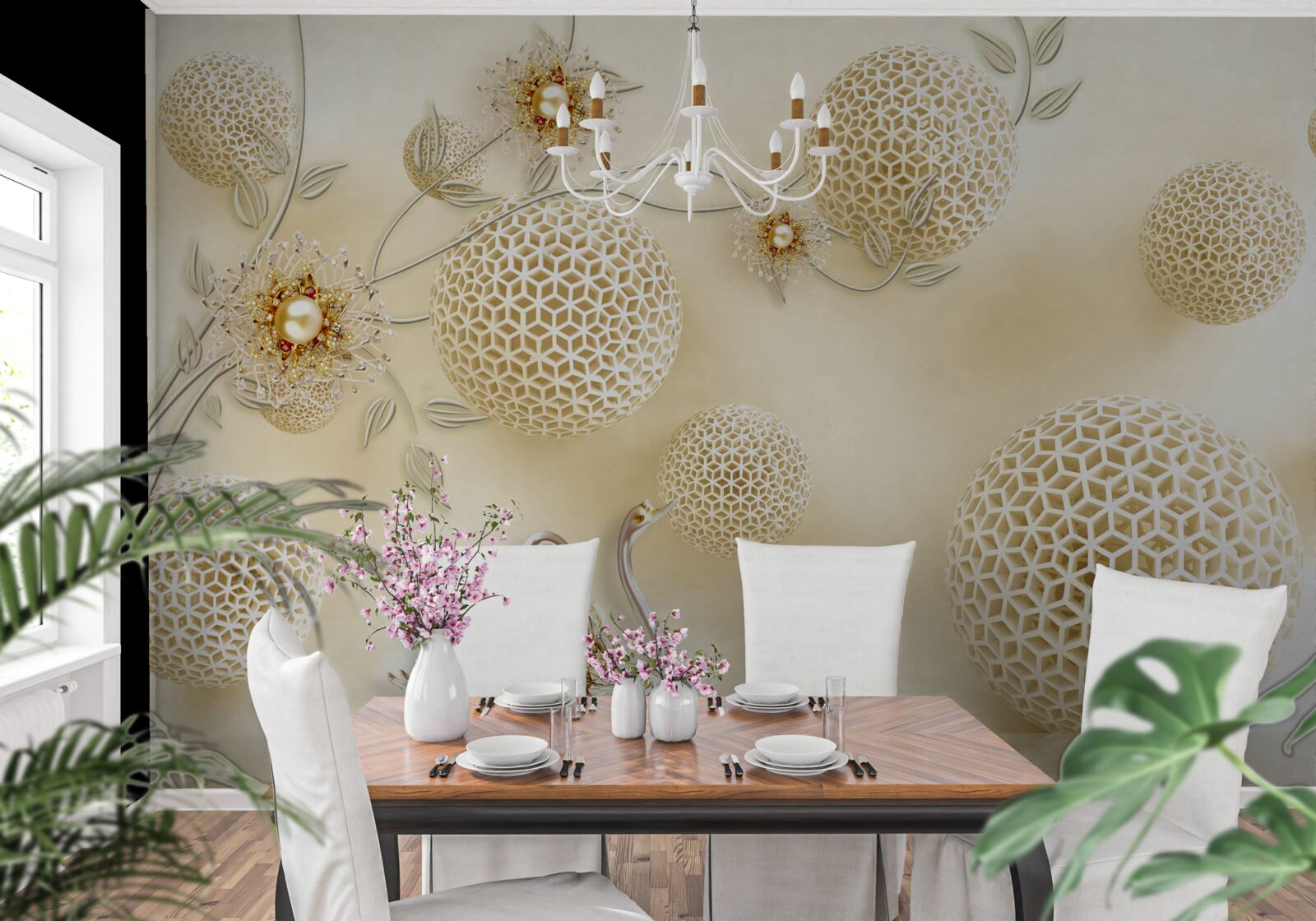 Fototapeta Labute vznášajúce sa na oblohe a kvety rednúce ako hnedé