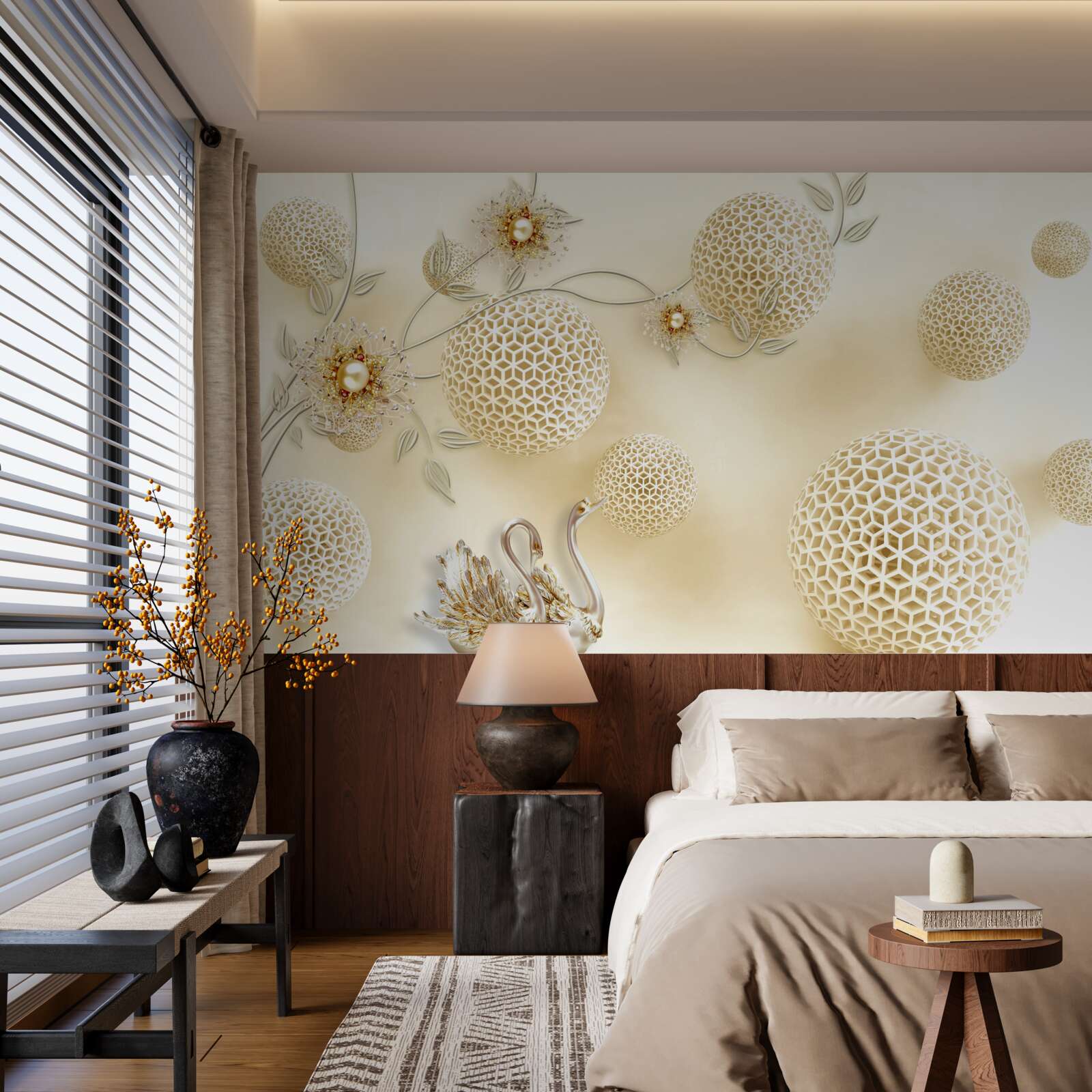 Fototapeta Labute vznášajúce sa na oblohe a kvety rednúce ako hnedé