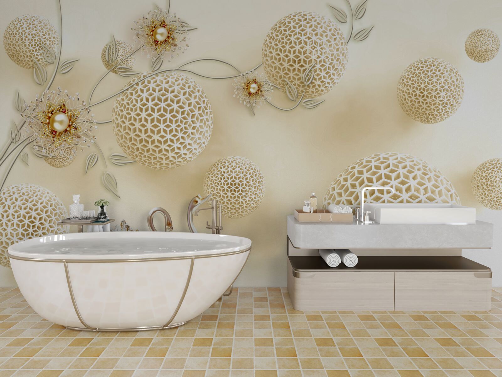 Fototapeta Labute vznášajúce sa na oblohe a kvety rednúce ako hnedé