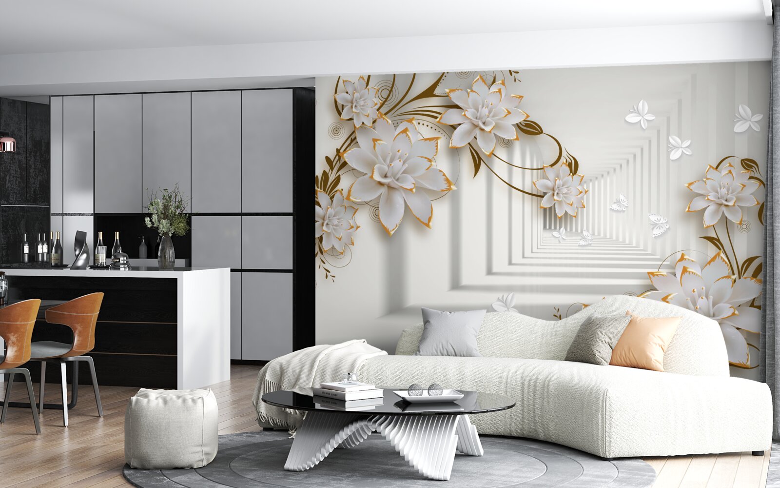 Fototapeta zlaté dekorácie na bielych lotosoch v sále