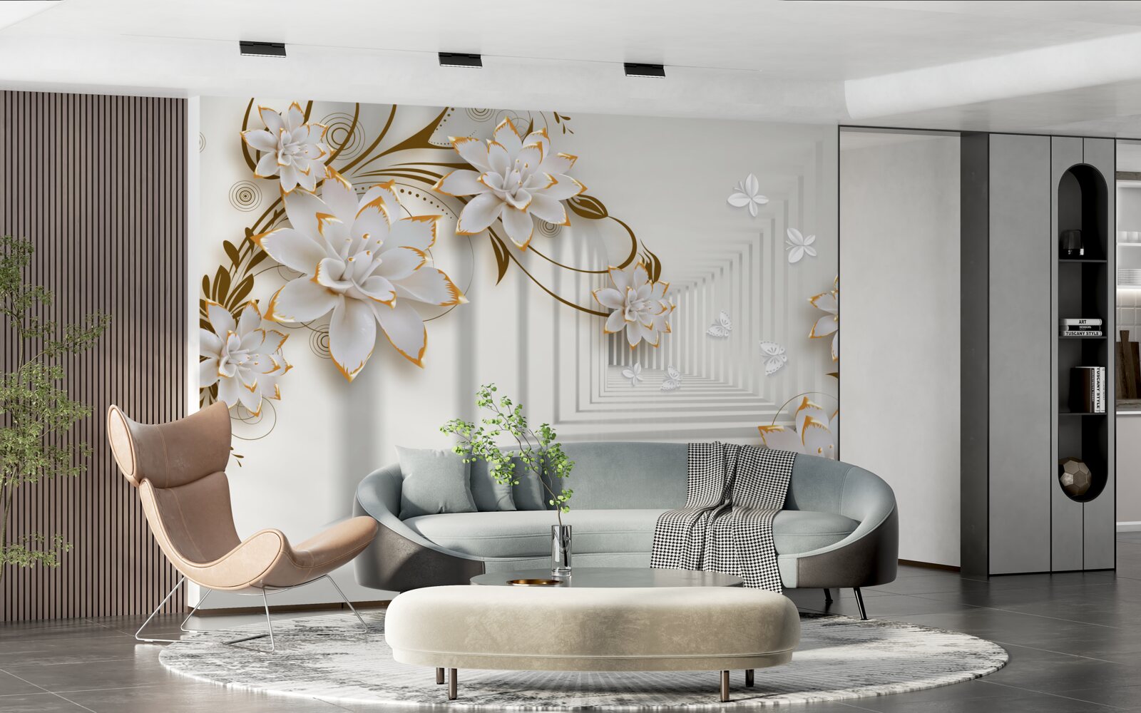 Fototapeta zlaté dekorácie na bielych lotosoch v sále