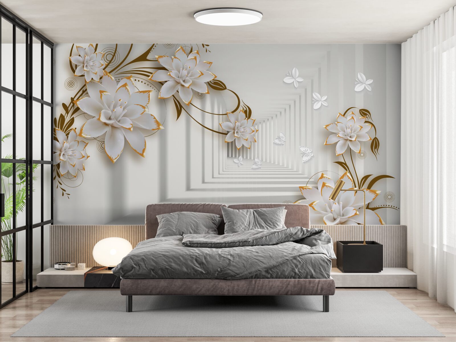 Fototapeta zlaté dekorácie na bielych lotosoch v sále