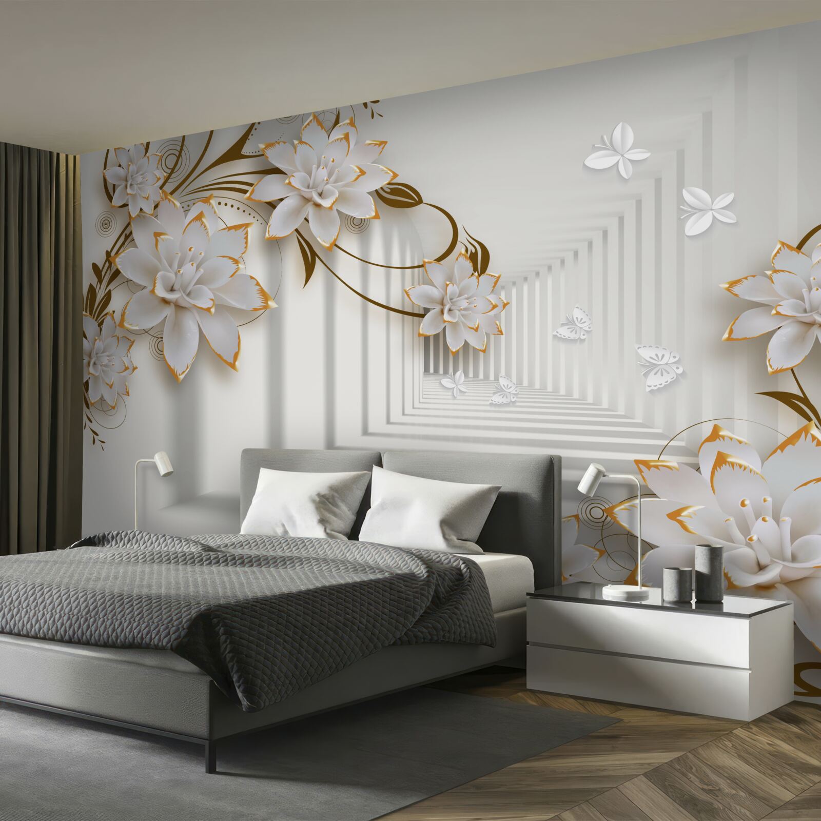 Fototapeta zlaté dekorácie na bielych lotosoch v sále