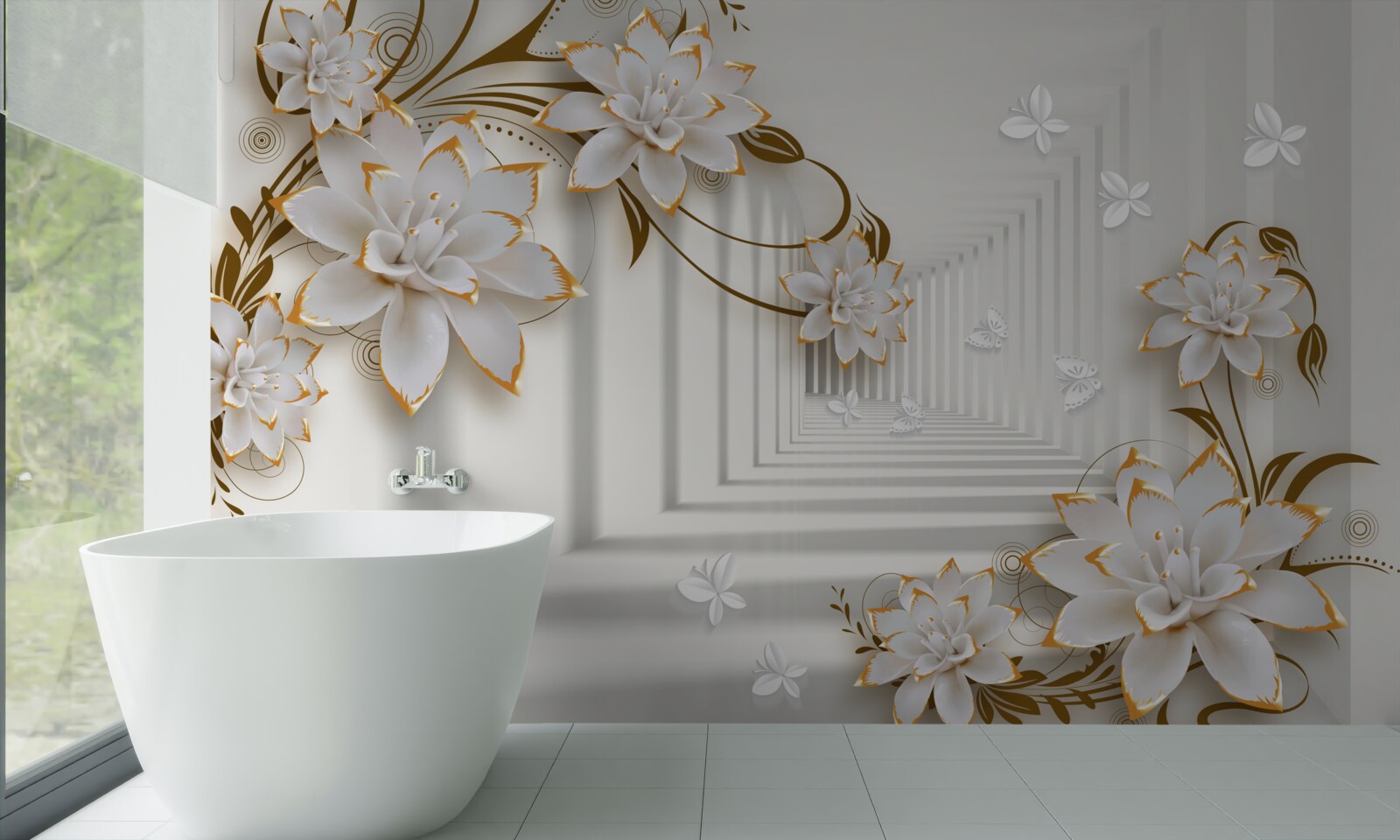 Fototapeta zlaté dekorácie na bielych lotosoch v sále