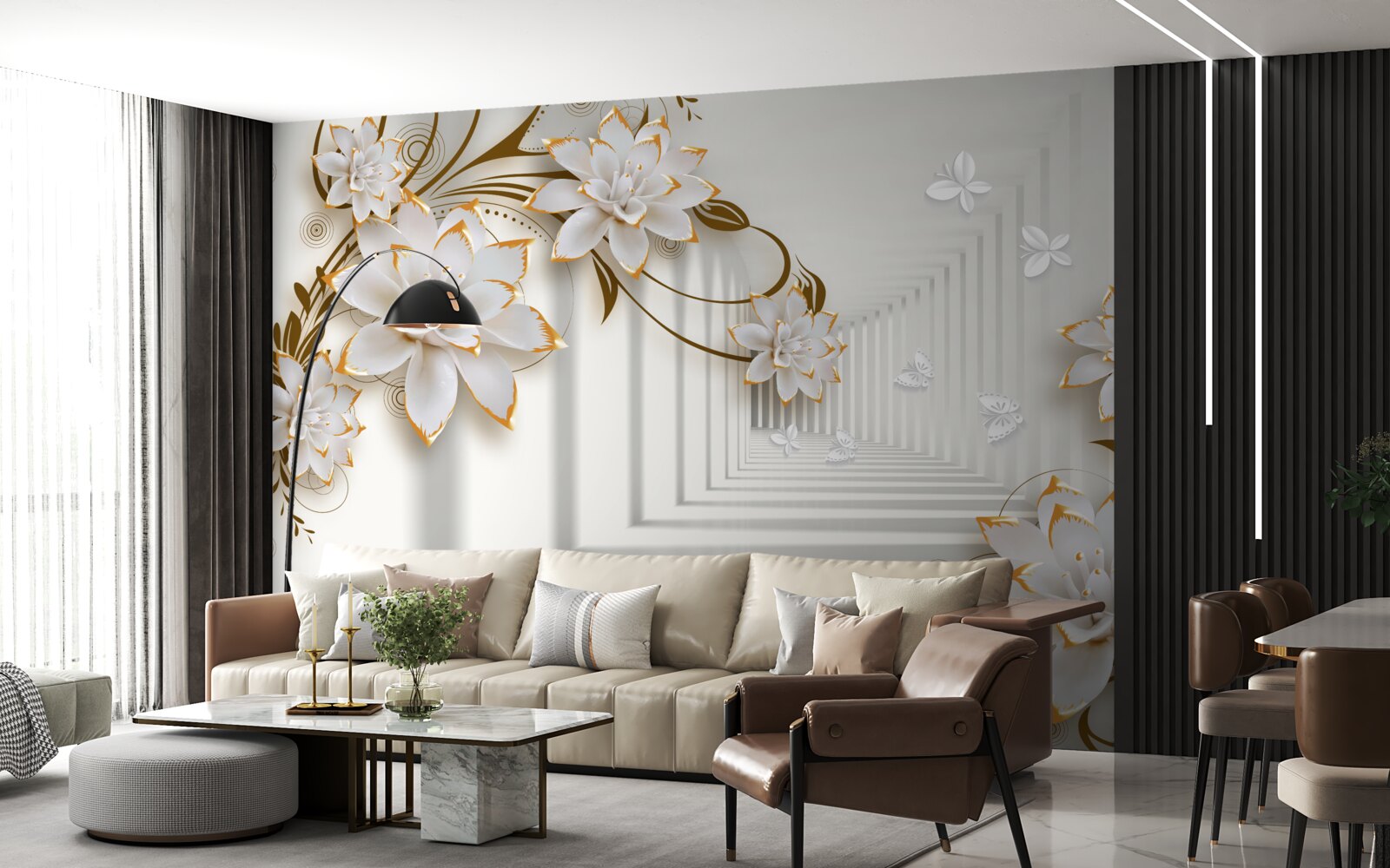 Fototapeta zlaté dekorácie na bielych lotosoch v sále