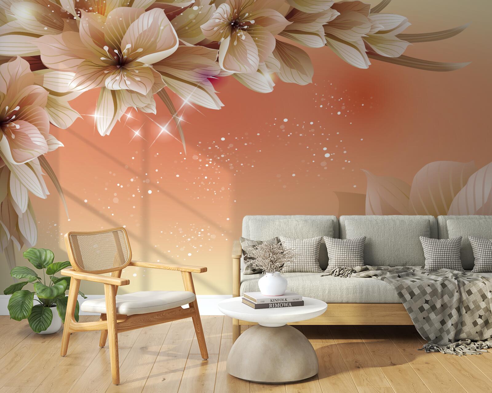 Fototapeta biele kvety kvitnúce na konári na pozadí zapadajúceho slnka