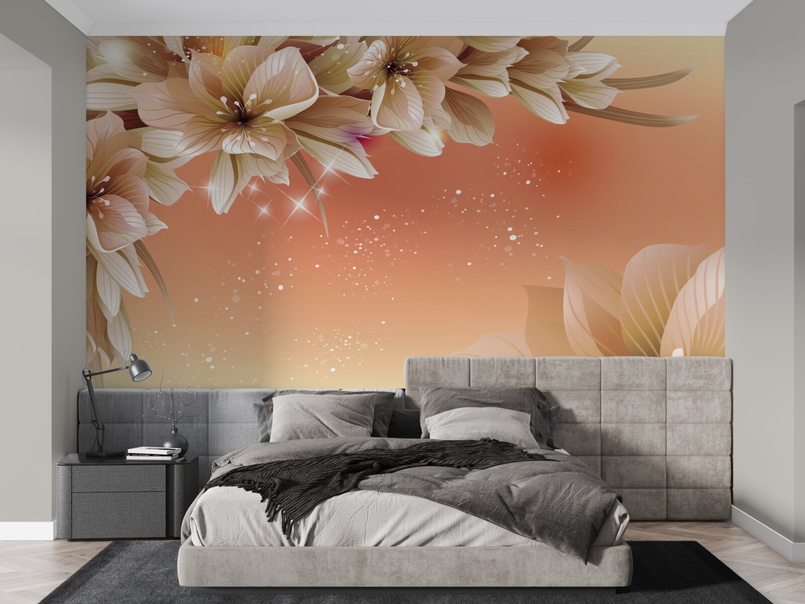 Fototapeta biele kvety kvitnúce na konári na pozadí zapadajúceho slnka