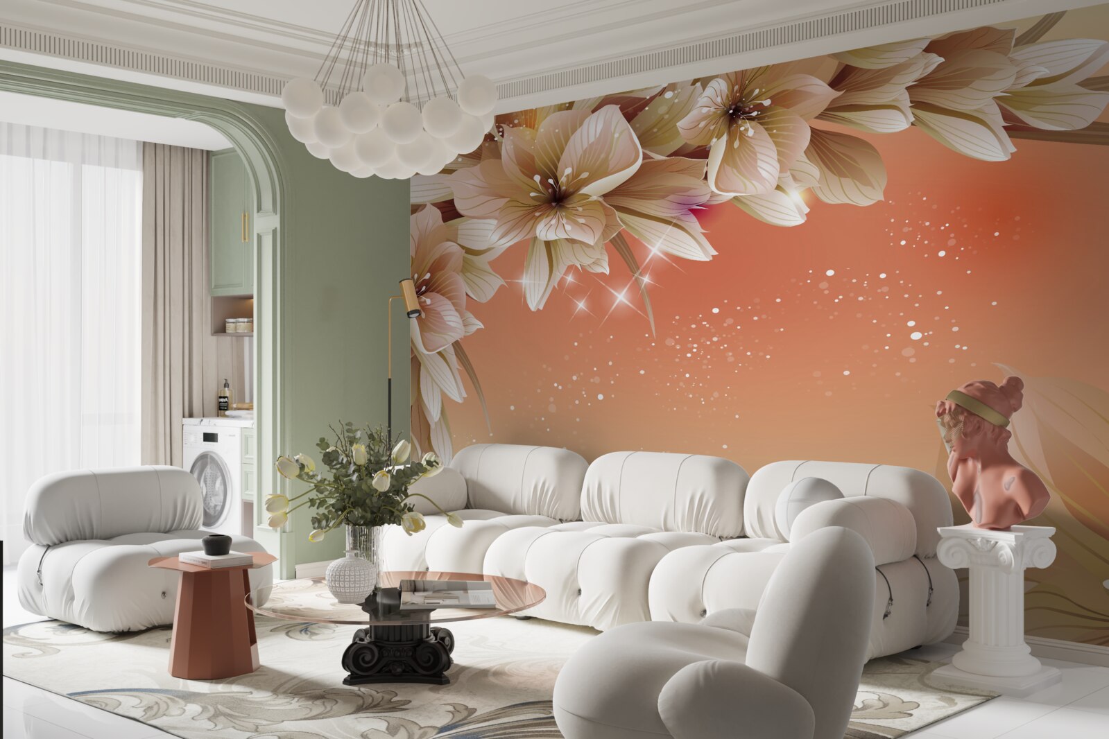 Fototapeta biele kvety kvitnúce na konári na pozadí zapadajúceho slnka