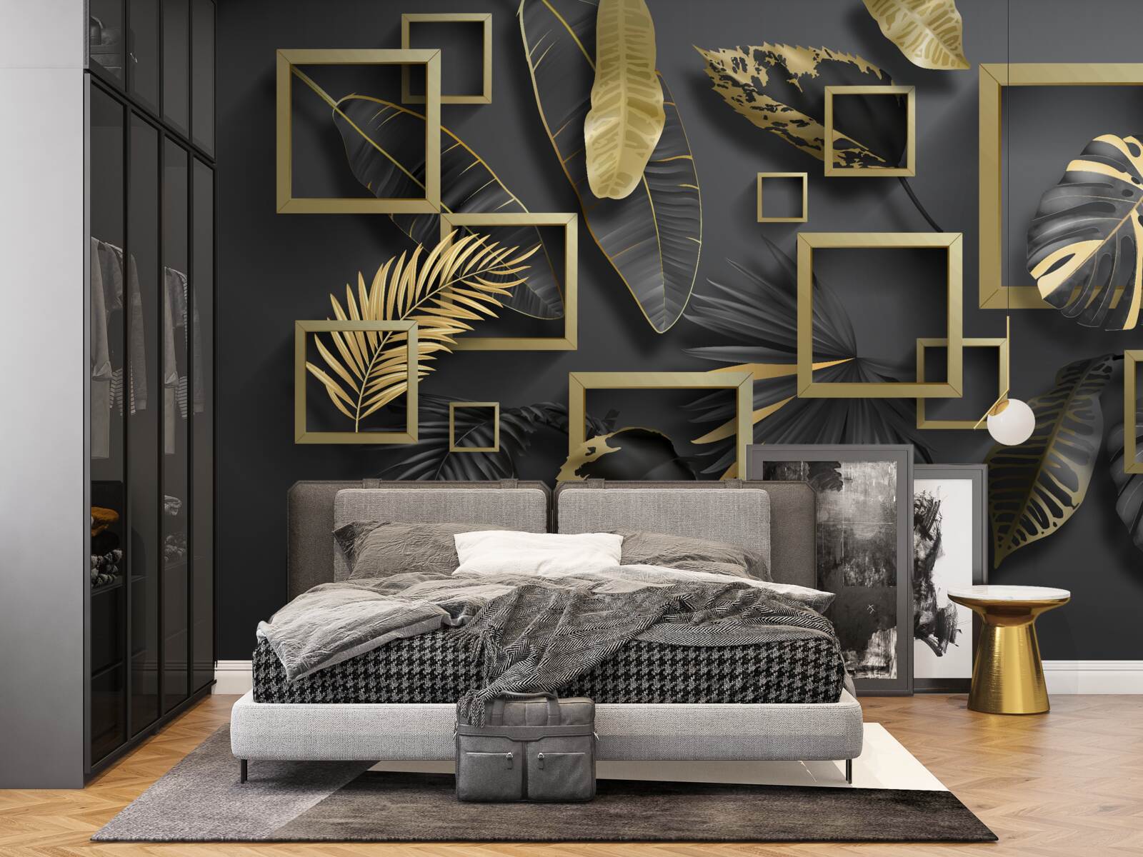 Fototapeta orámované čiernymi a zlatými pierkami