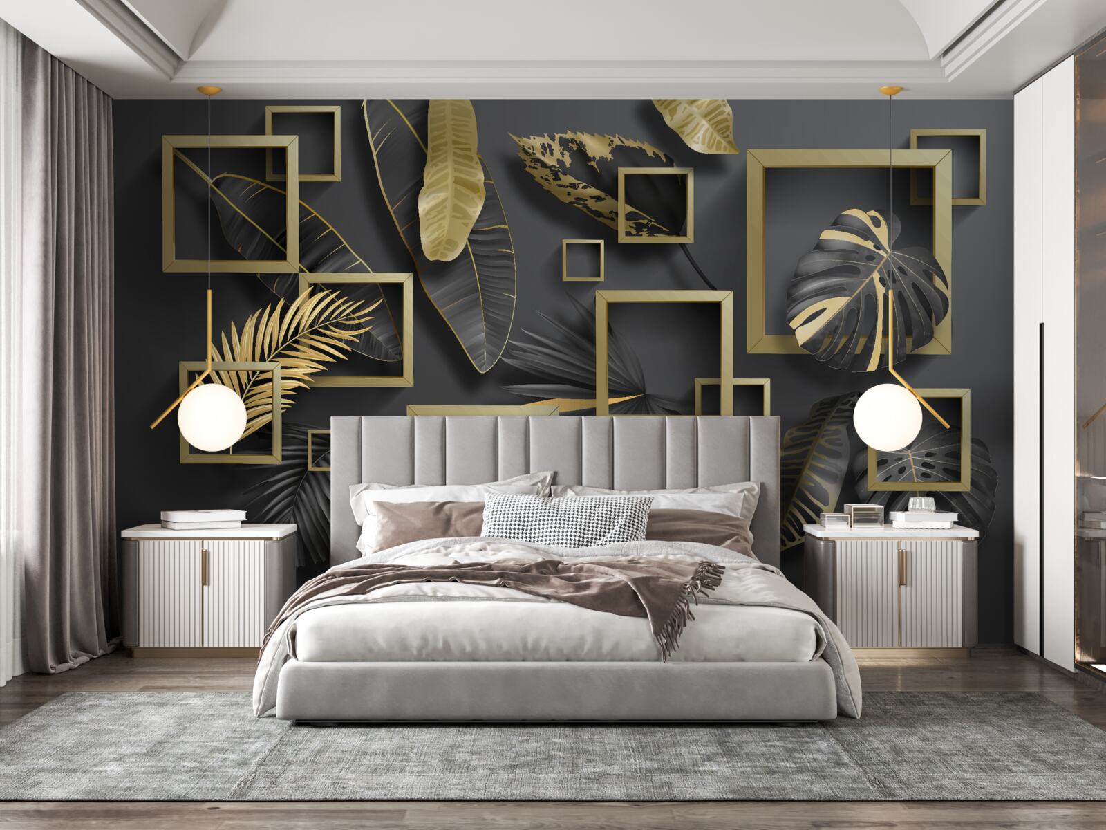 Fototapeta orámované čiernymi a zlatými pierkami