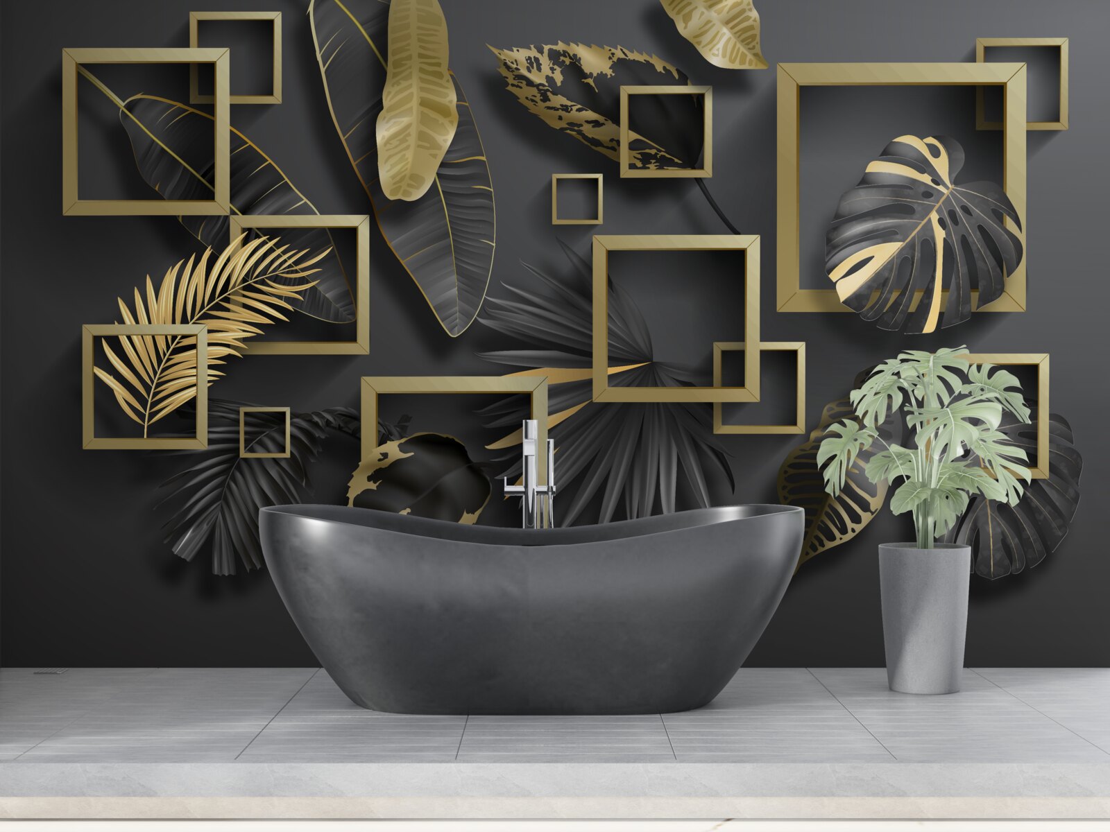 Fototapeta orámované čiernymi a zlatými pierkami