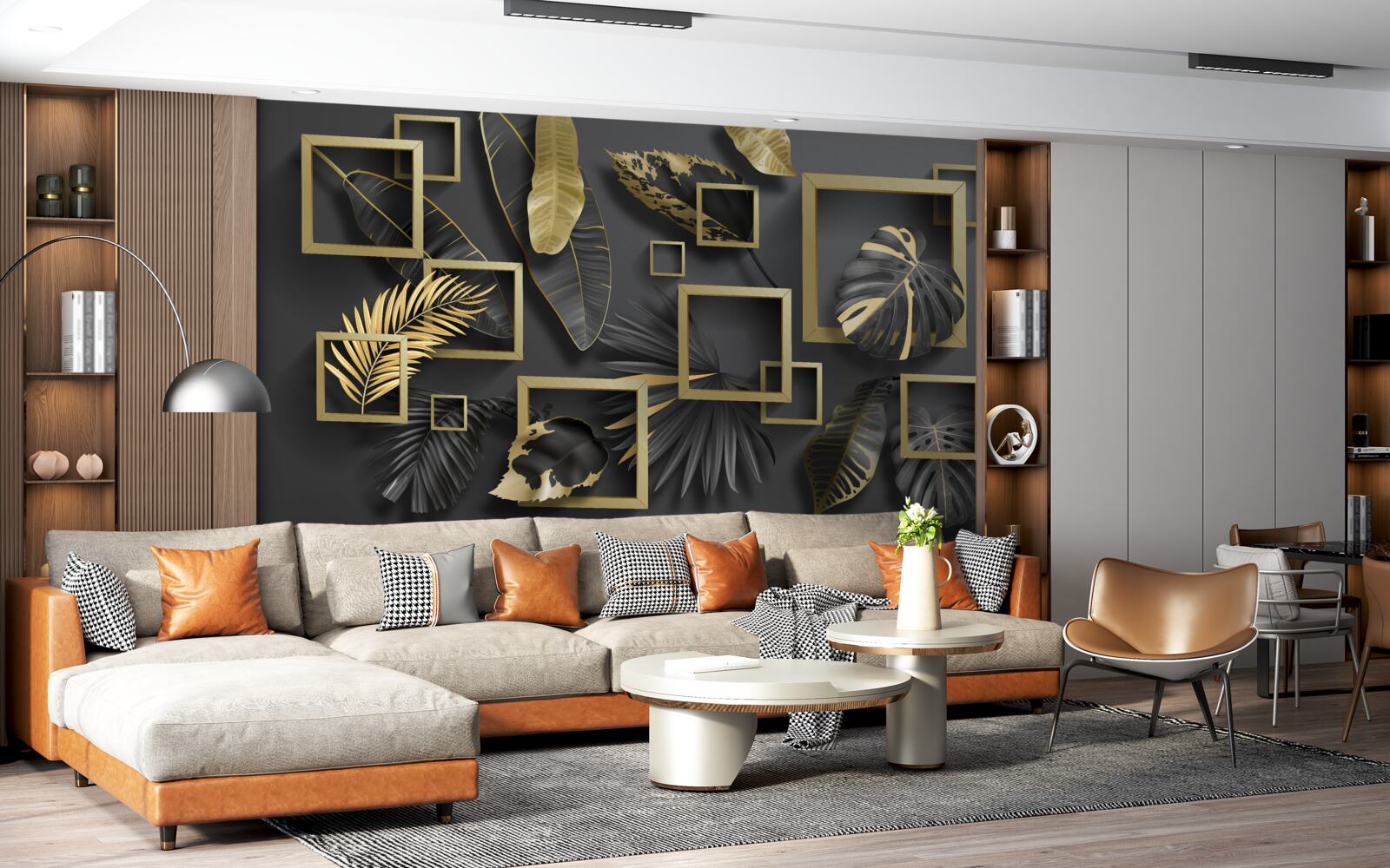 Fototapeta orámované čiernymi a zlatými pierkami