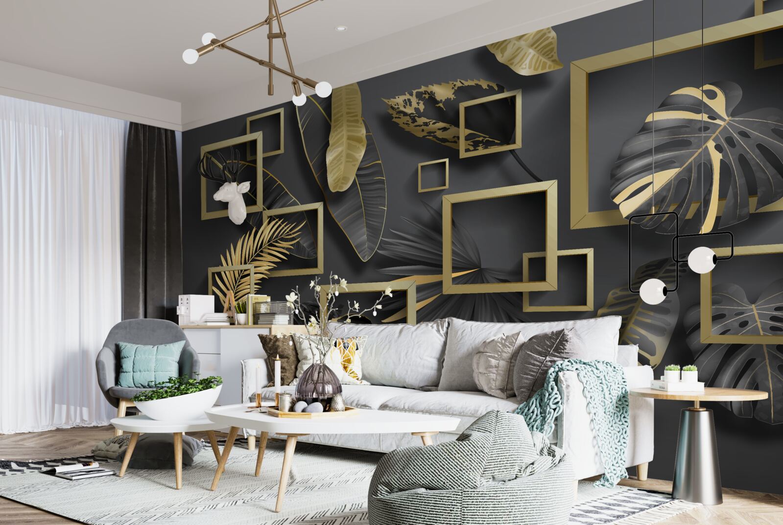 Fototapeta orámované čiernymi a zlatými pierkami