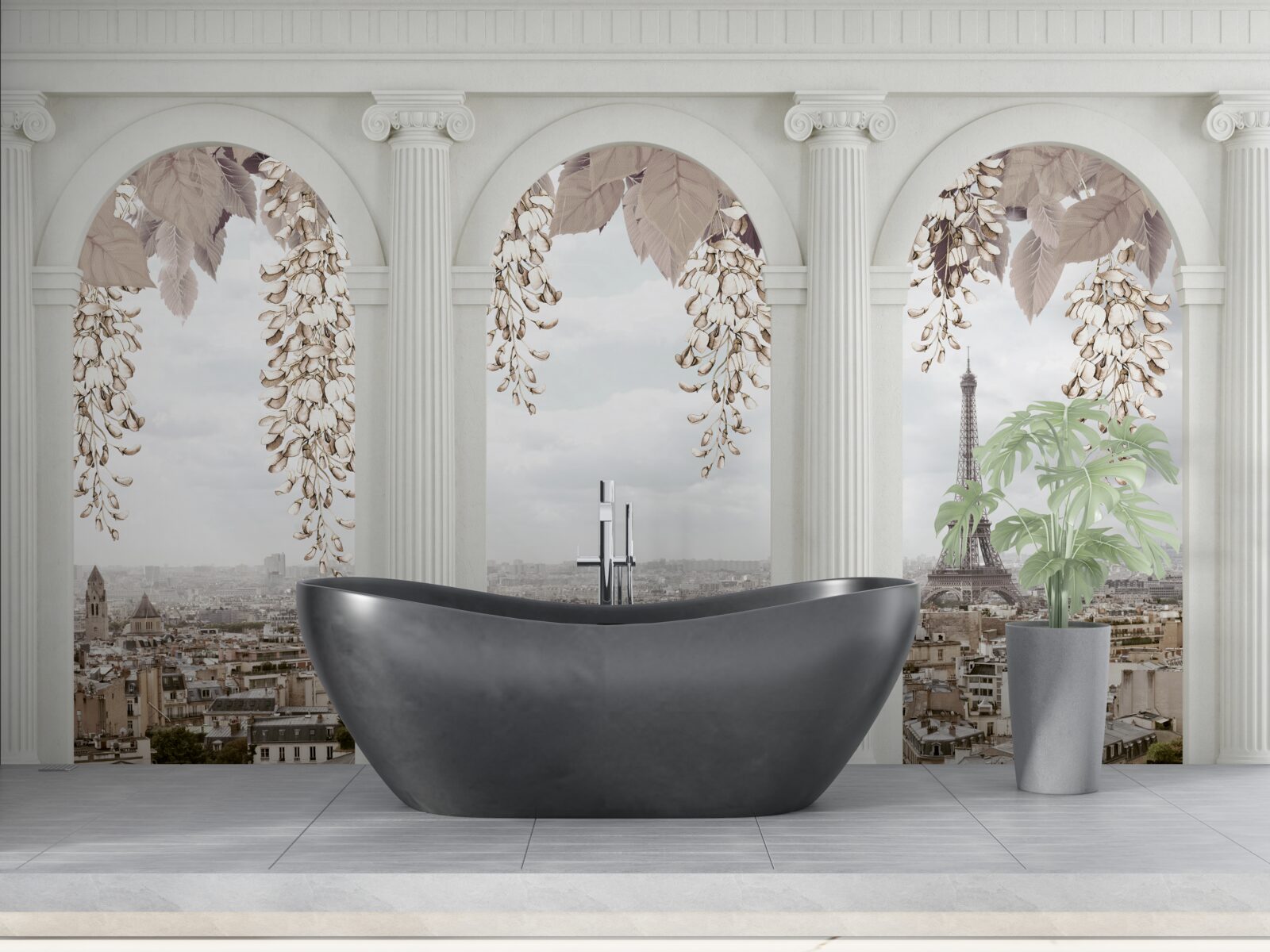 Fototapeta kvetinové oblúky s úchvatným výhľadom na Paríž