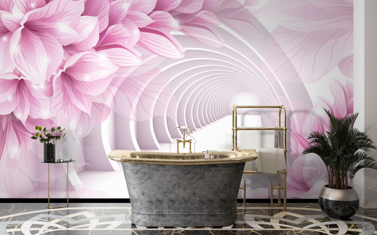 Fototapeta ružové kvety a abstraktný tunel