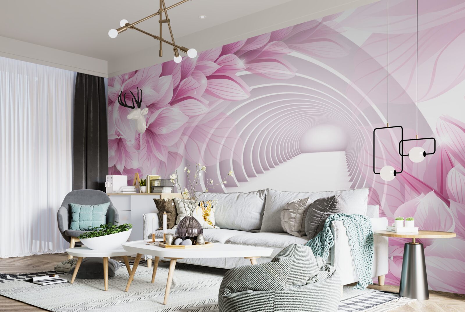 Fototapeta ružové kvety a abstraktný tunel