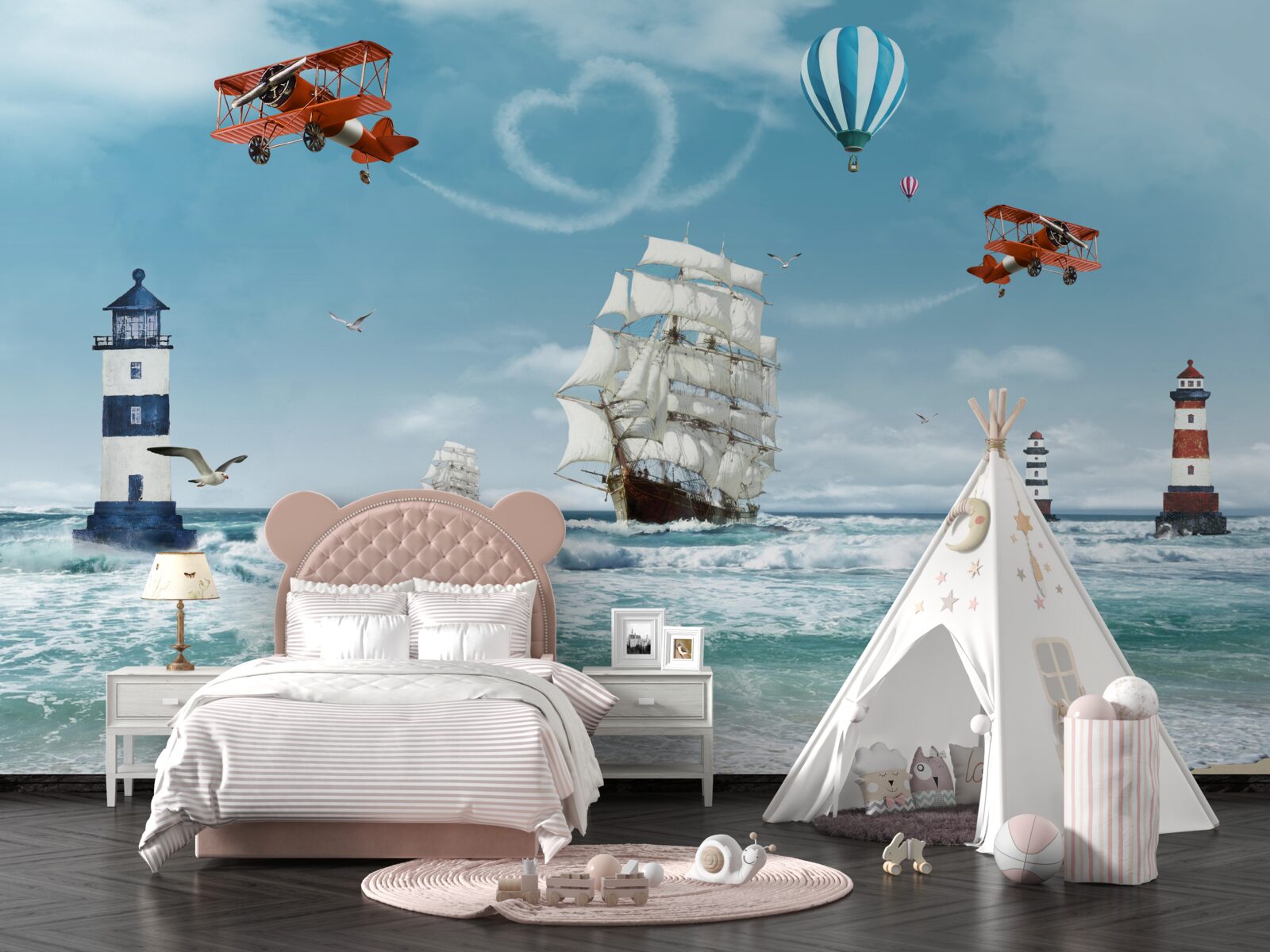 Fototapeta v pozadí sú lietadlá a majáky, oproti ktorým sa brigantina vyníma