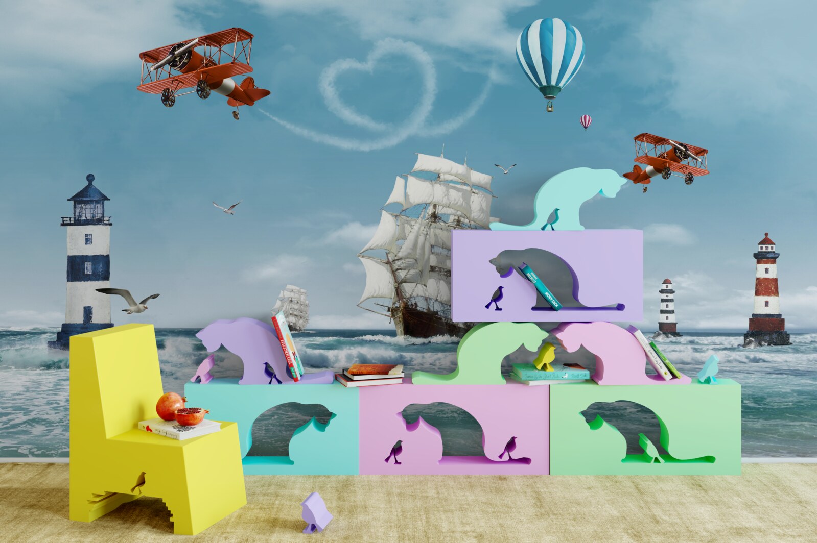 Fototapeta v pozadí sú lietadlá a majáky, oproti ktorým sa brigantina vyníma