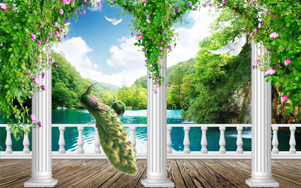 Fototapeta kolonáda nad jazerom, zarastená kríkmi