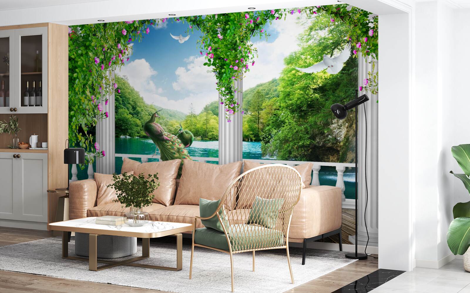 Fototapeta kolonáda nad jazerom, zarastená kríkmi