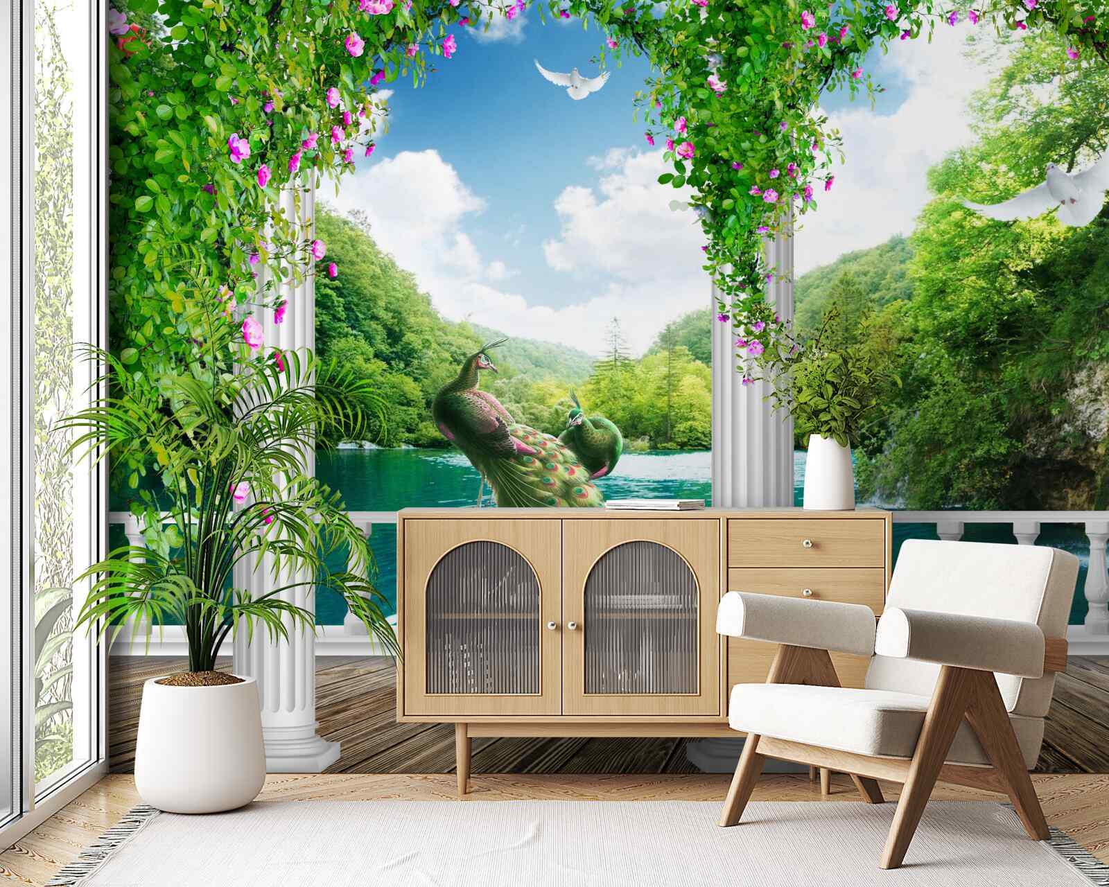 Fototapeta kolonáda nad jazerom, zarastená kríkmi